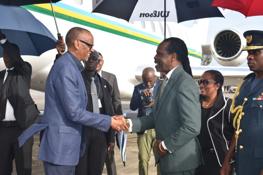 On Tuesday July 04, 2023 Minister of National Security, the Honourable Fitzgerald Hinds MP,  greeted His Excellency Paul Kagame, President of Rwanda as he arrived at the South Terminal of the Piarco International Airport. President Kagame was in Trinidad a d Tobago  to attend the Conference of the Heads of Government of the Caribbean Community.